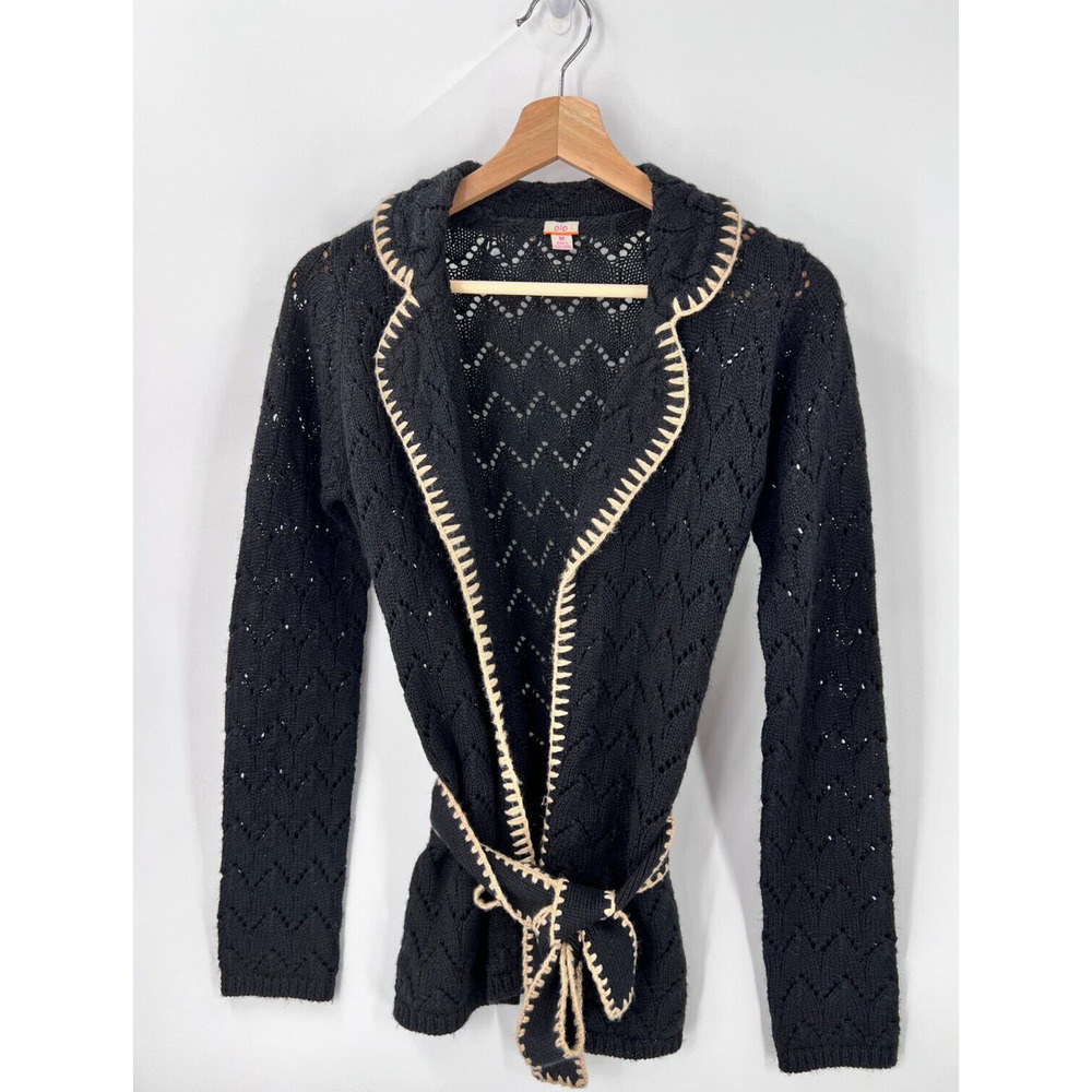 O/O Merino Wool Blend Open Front Tie Crochet Cardigan Black Women's Medium
